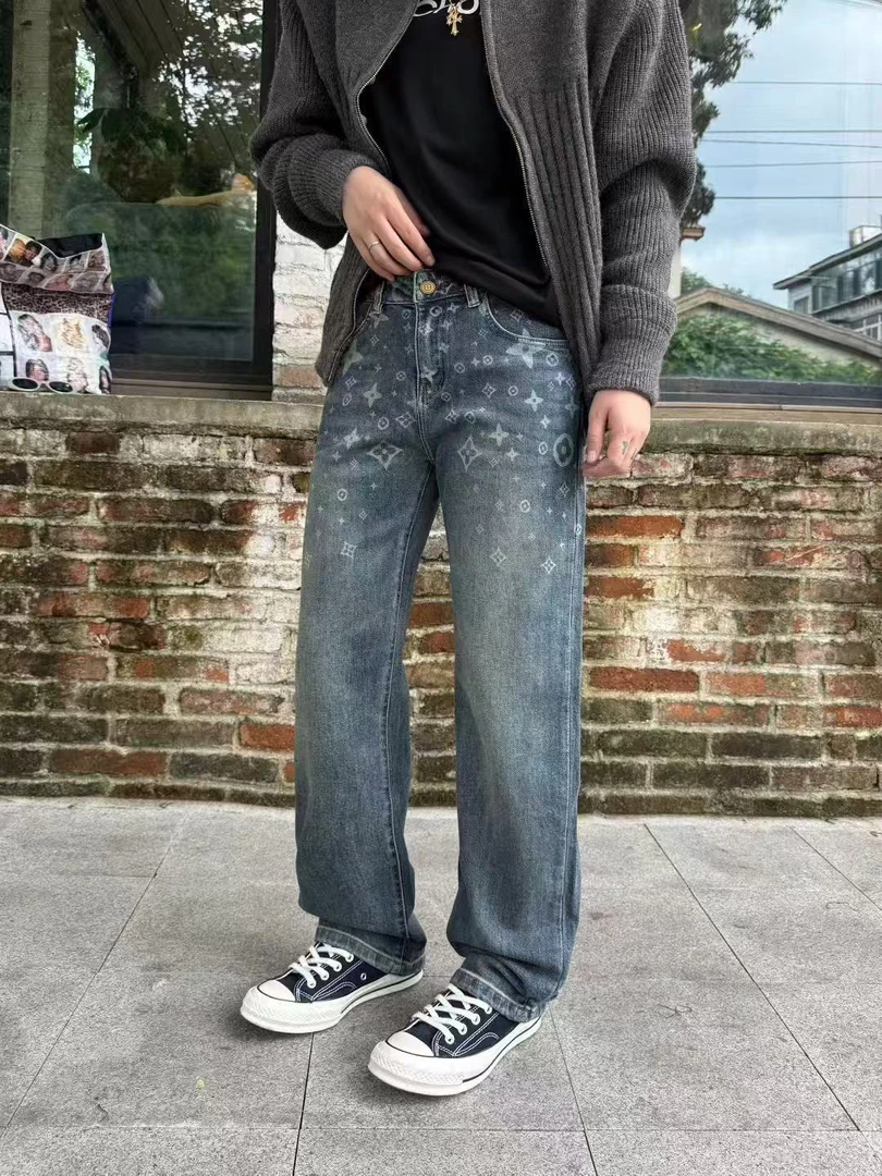 秋冬新款直筒牛仔裤美式复古做旧水洗印花轻奢痞帅百搭显瘦长裤男
