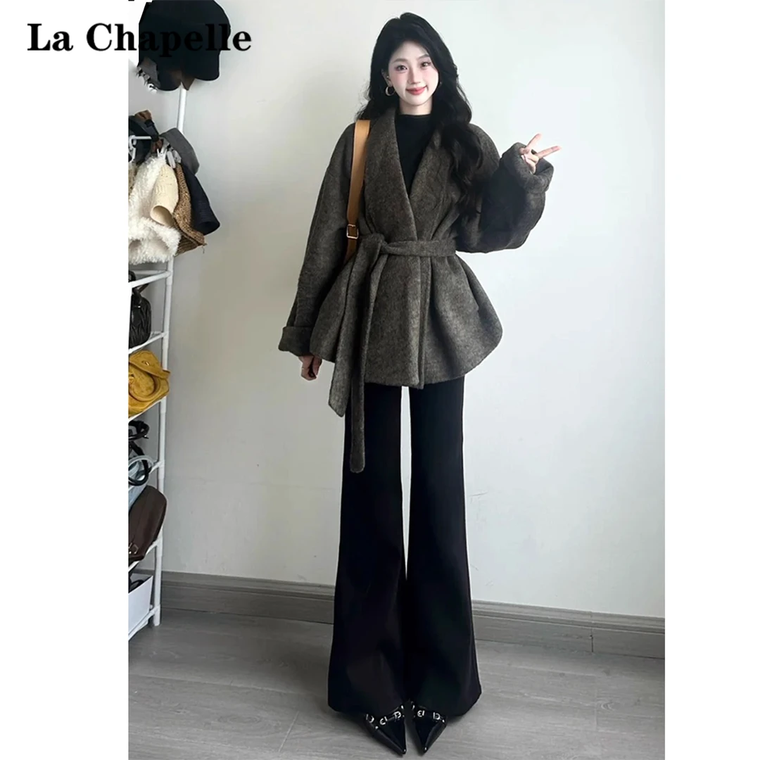 拉夏贝尔黑色加绒牛仔裤女2025新款冬季宽松垂感高腰拖地喇叭裤