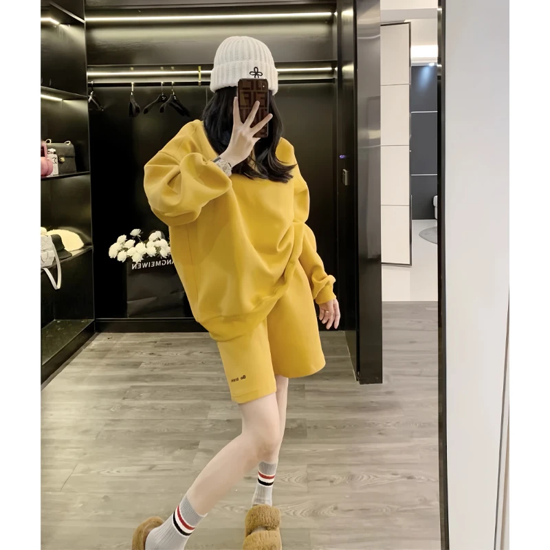 网红黄色休闲运动套装女秋冬减龄慵懒风宽松连帽卫衣百搭时尚上衣