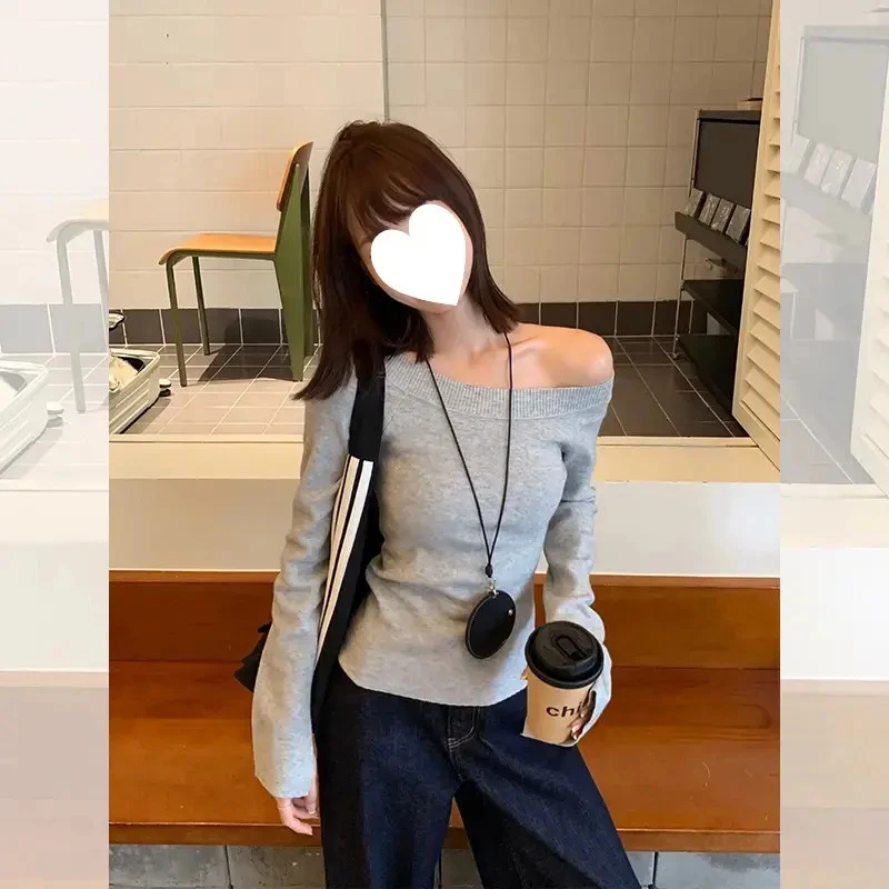 灰色简约露肩针织衫女2025秋季新款修身显瘦长袖辣妹上衣潮