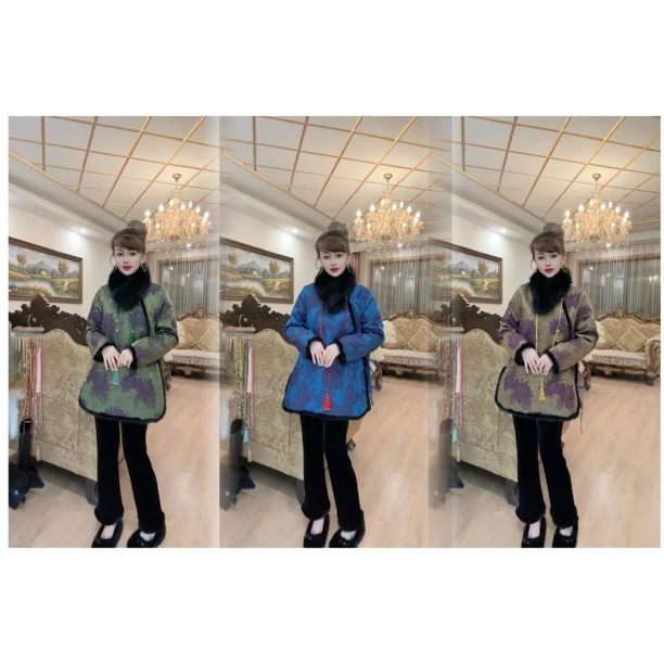 ［七七高定版—油丝提花太太服］冬季新款新中式水貂毛加棉外套