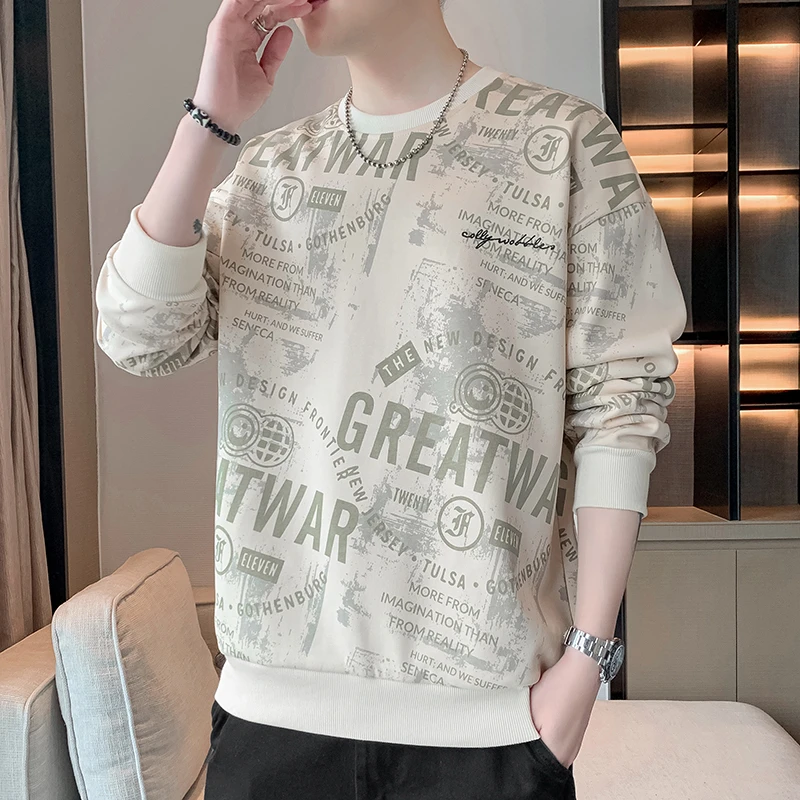 稻草人春秋季新款男士卫衣休闲百搭青年帅气套头圆领印花长袖T恤