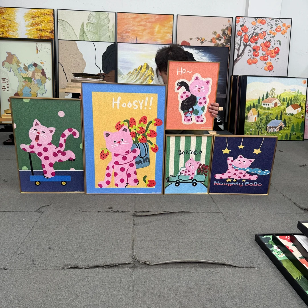 卡通多巴胺猫咪沙发背景墙壁画小众艺术组合画现代500