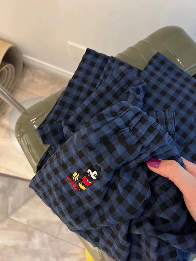 韩货夏季休闲裤女新款卡通米奇刺绣宽松直筒裤九分裤薄款蓝色格子