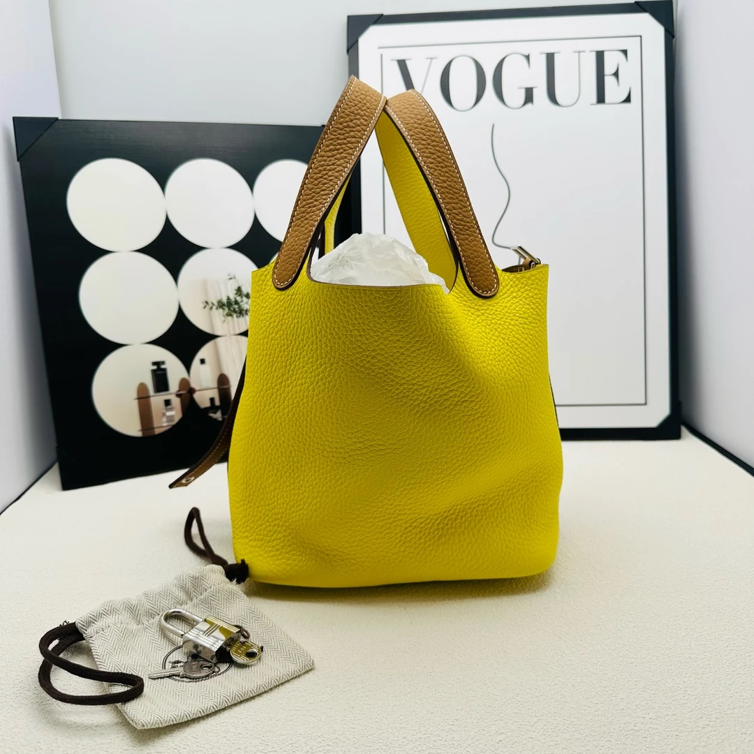 99新 Hermes/爱马仕  Hermes 爱马仕 柠檬黄拼金棕菜篮子18