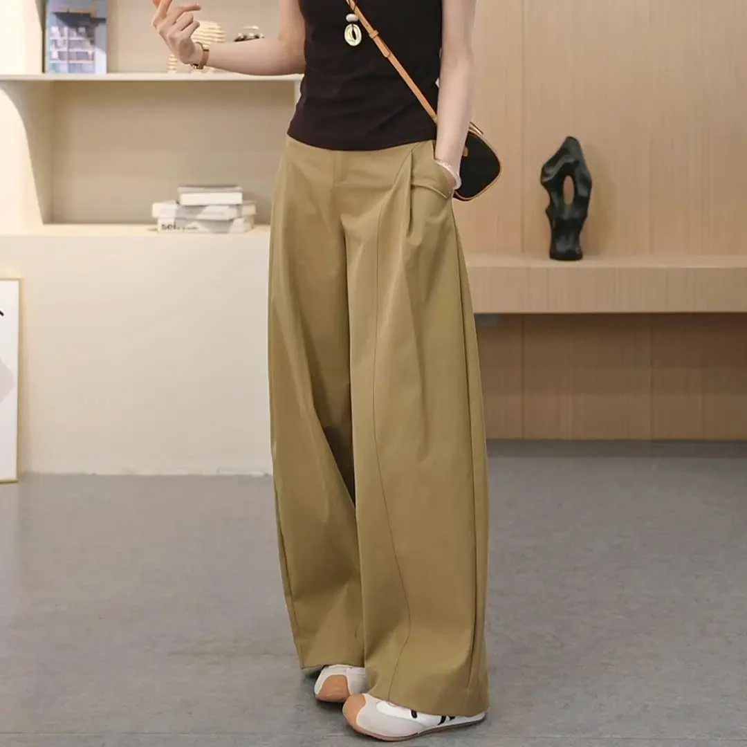 贝斯裤～潮流侧压褶阔腿裤～2025秋季新款宽松高腰阔腿裤时尚女裤子