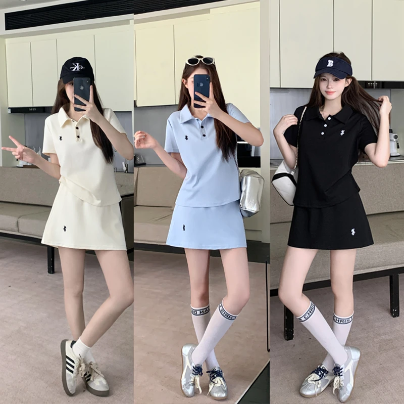 夏季新品时尚减龄显瘦遮肉POLO领上衣+假两件裤裙大码套装6076