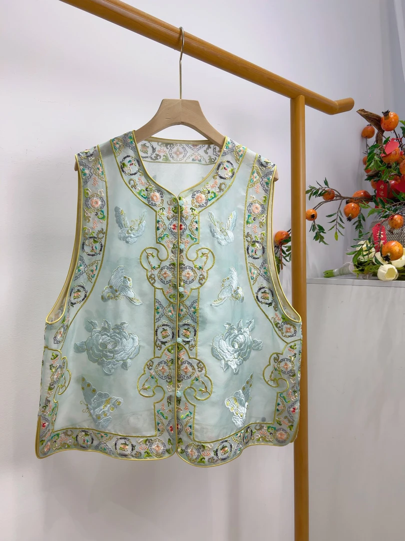 新中式真丝重工刺绣花百搭马甲