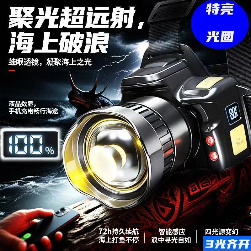 超亮聚光远射智能感应数字红光驱蚊显示三色强光头灯