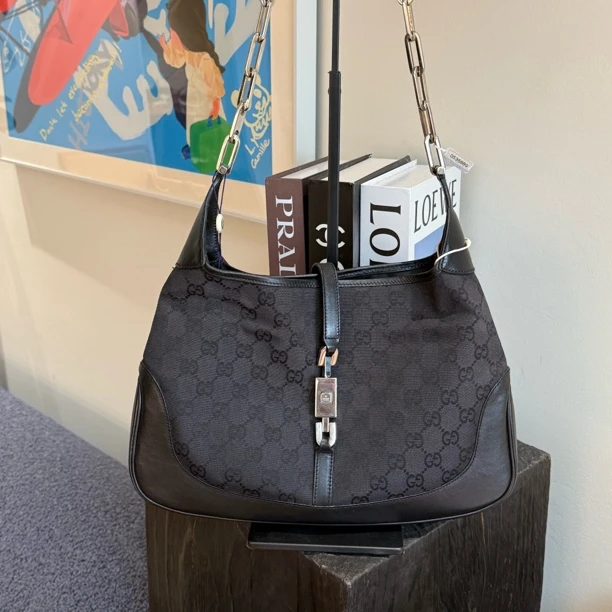 95新 GUCCI/古驰 1961jackie腋下包黑色老花帆布拼皮单肩包时尚