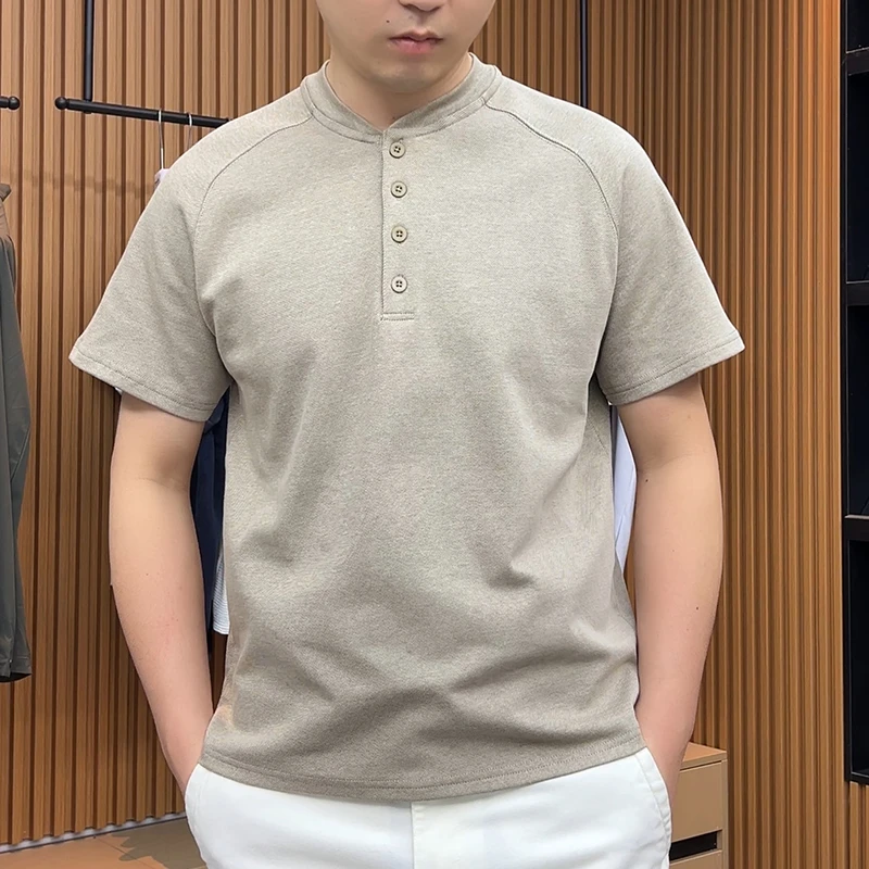 2025新款 230g长绒棉透气高弹夏季男美式休闲百搭亨利领短袖T恤潮