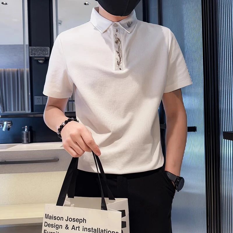 仓石一树新中式刺绣短袖POLO衫男白色T恤2025新款夏季男装痞帅风