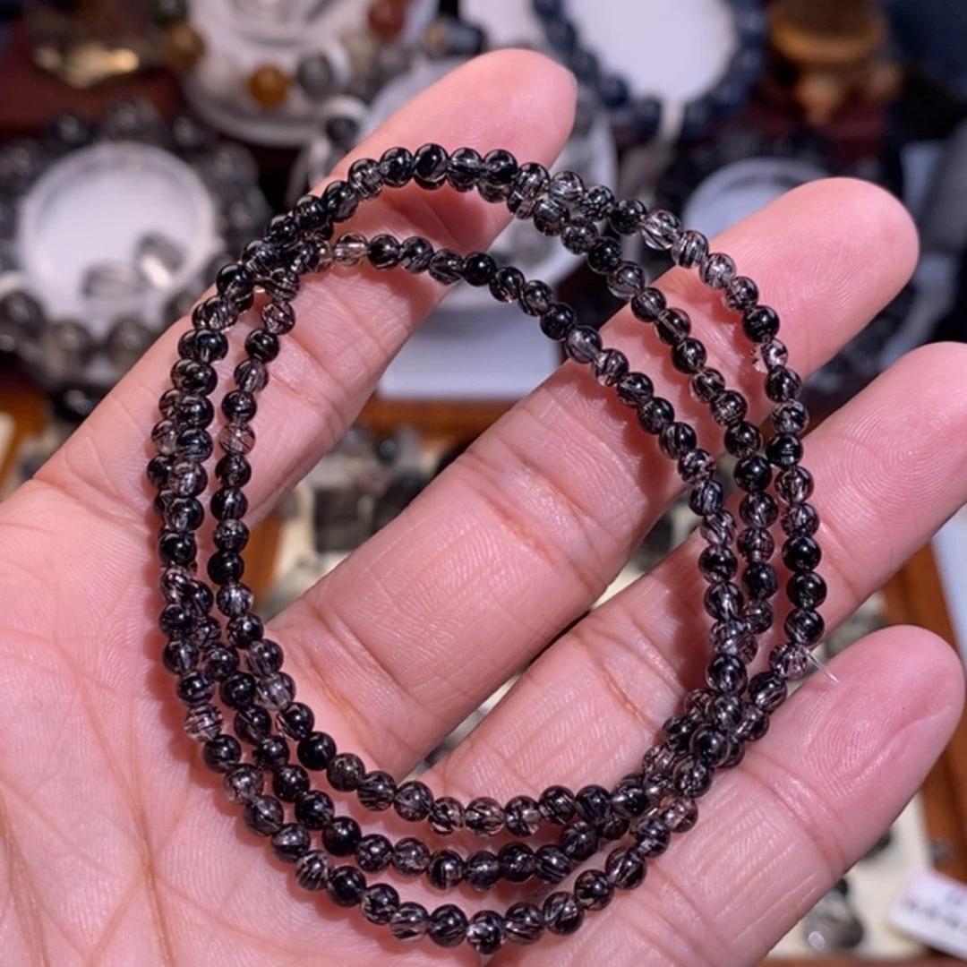 水晶手链未镶嵌黑发晶全透体满发3mm三圈蕾丝