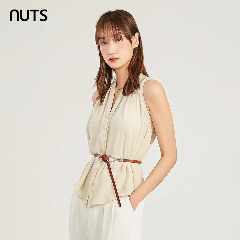 NUTS商场同款夏季新款无袖纯色高级感气质收腰衬衫女221014013B
