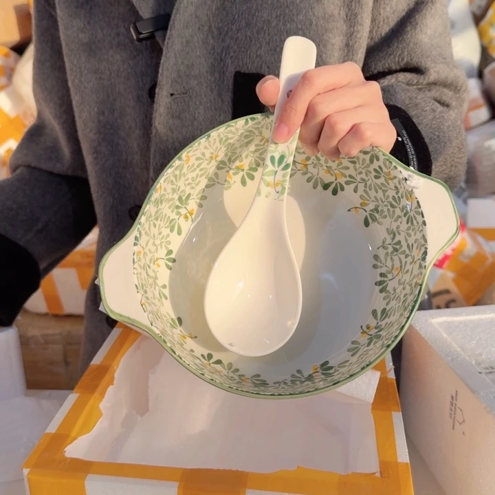 陶瓷绿芽大汤碗送勺子