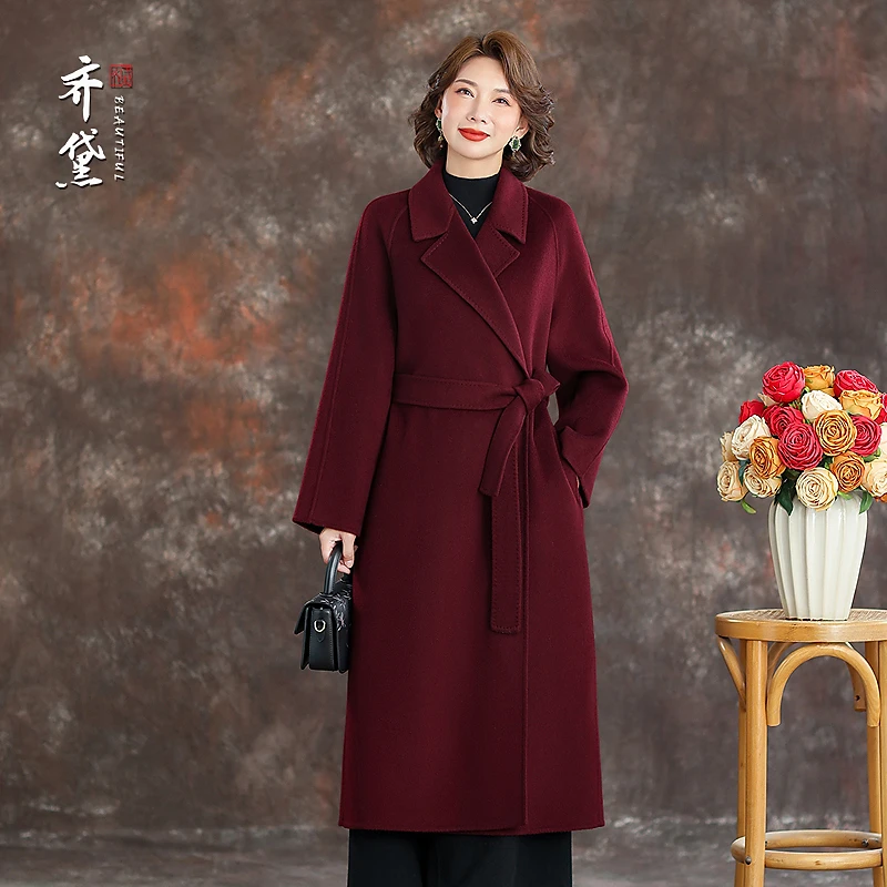 酒红色羊绒双面大衣官方旗舰店正品2025冬新款加厚妈妈羊毛呢外套