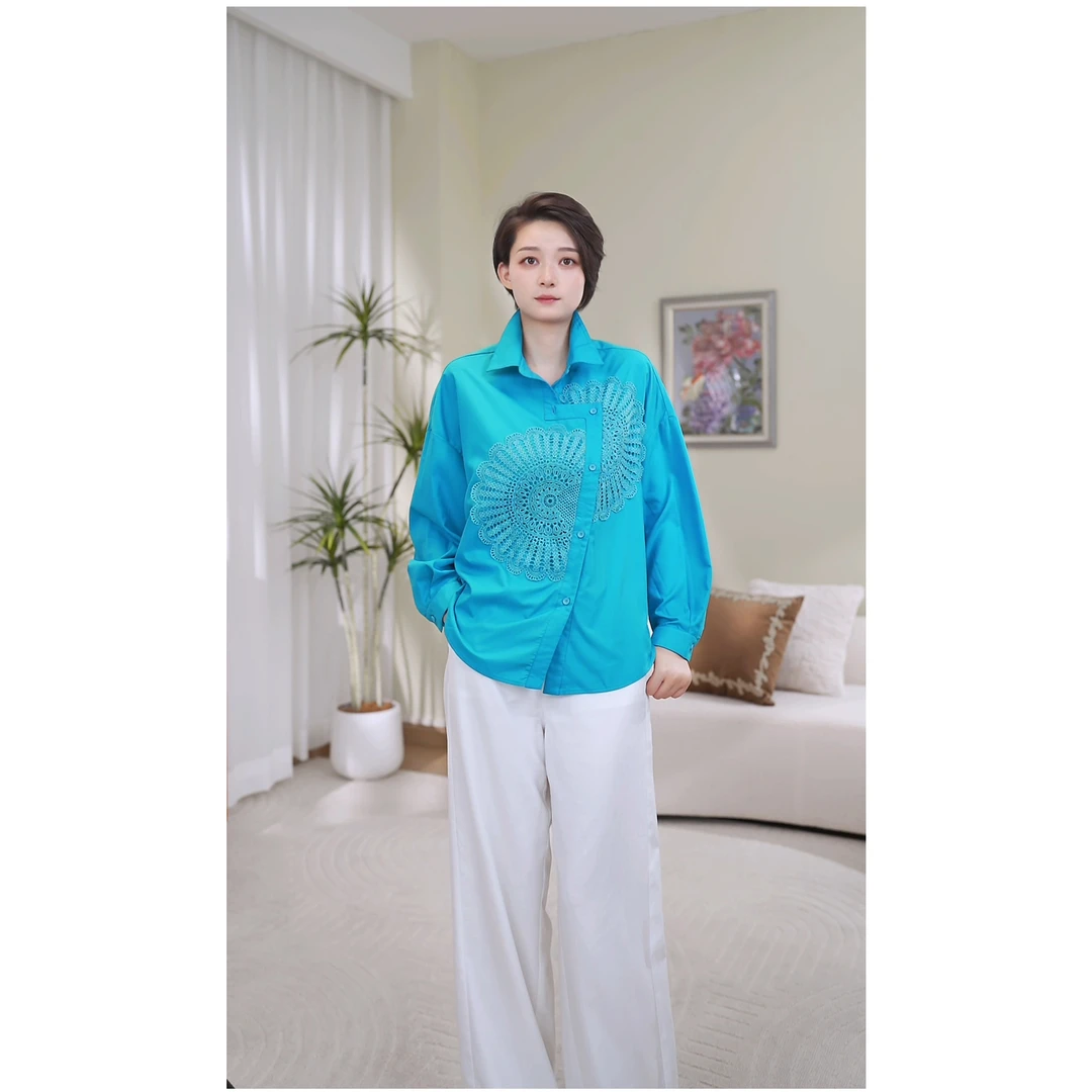 大涵优选 太阳花设计前短后长休闲百搭长袖衬衫