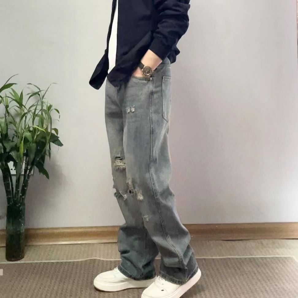 美式破洞牛仔裤男款春夏季2025新款直筒宽松阔腿休闲百搭复古潮