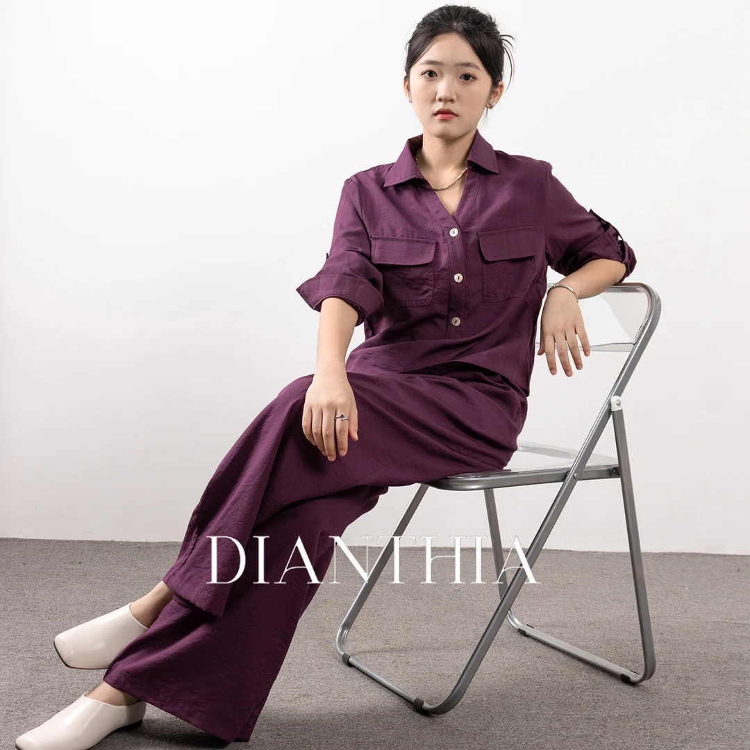 DianThia酷飒风衬衫工装套装女2025秋款长袖挂扣衬衣阔腿裤两件套