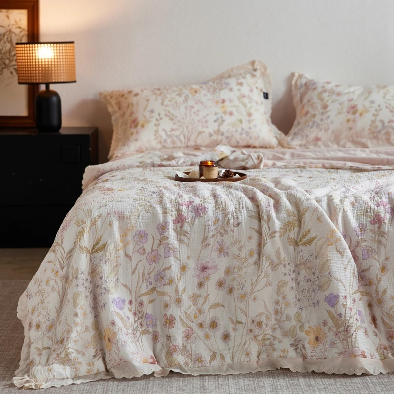 【超级红】醉花季-粉白 100%新疆棉全棉皱皱纱法式印花夏被空调被