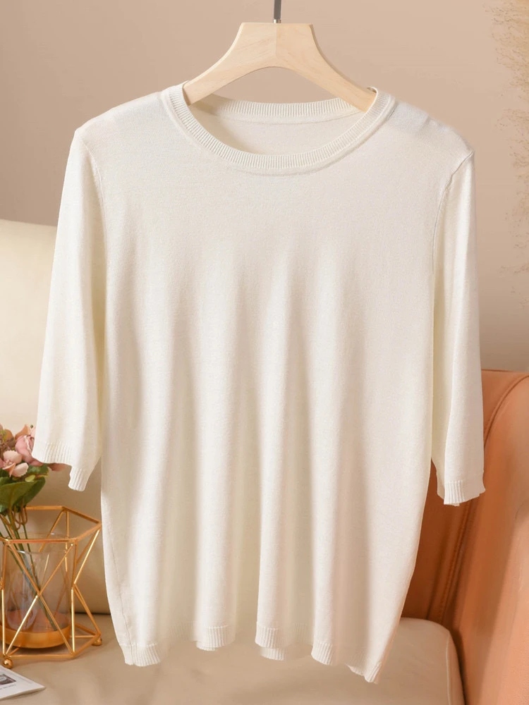 桑蚕丝精纺圆领针织短袖五分袖