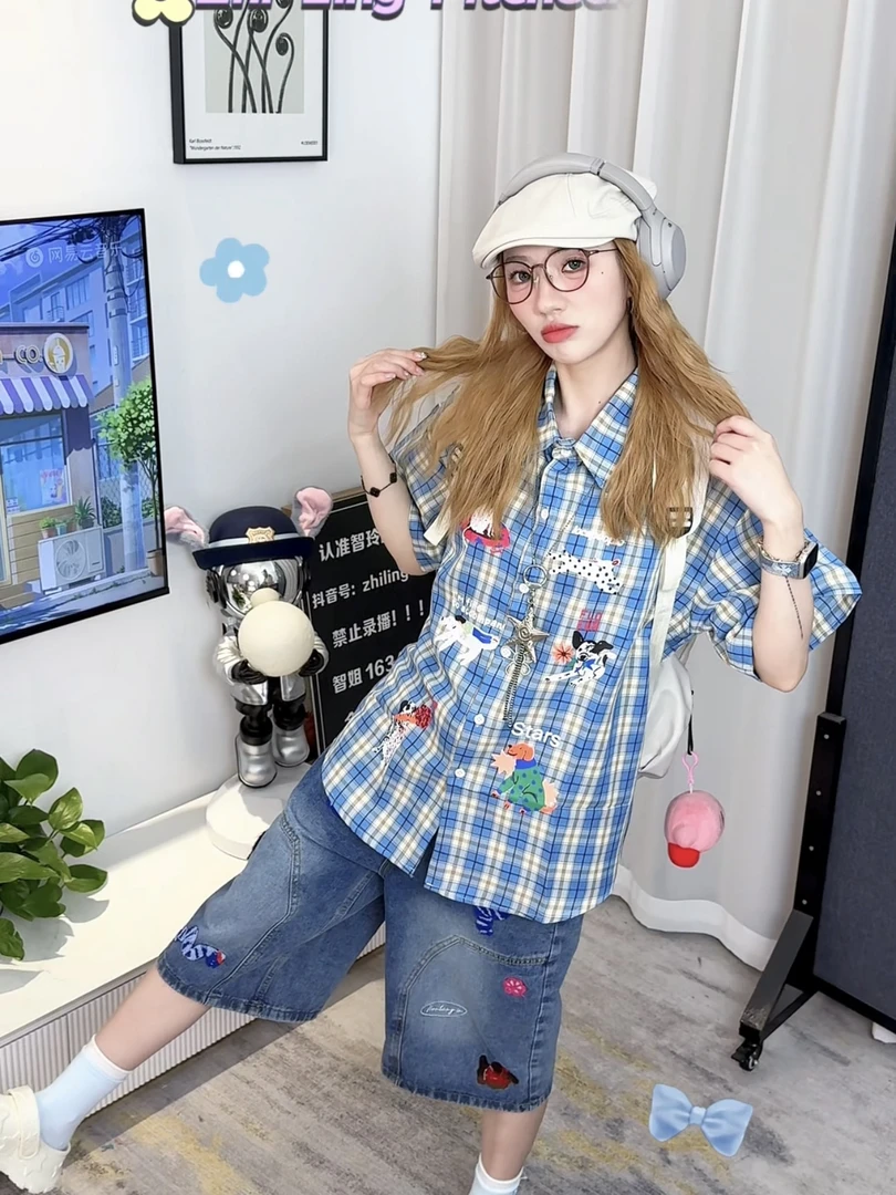 美式复古斑点狗印花短袖衬衫女夏季潮牌宽松bf风百搭格子衬衣男女