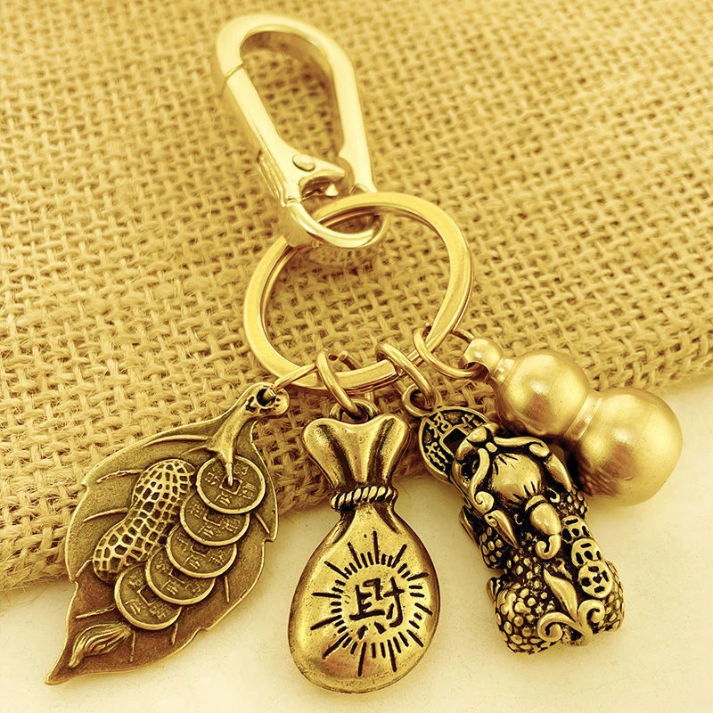 复古黄铜葫芦钥匙扣汽车钥匙簸箕一叶生财十二生肖貔貅钥匙扣饰品
