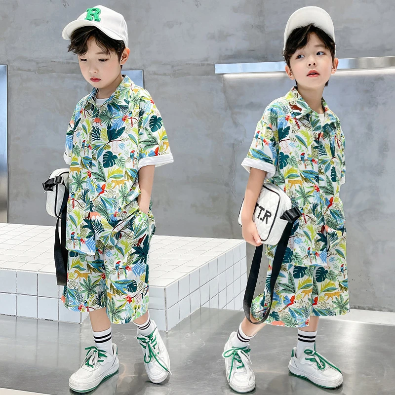 秋夏新品爆款男童套装沙滩港风衬衫大童短袖夏装三亚儿童夏威夷海