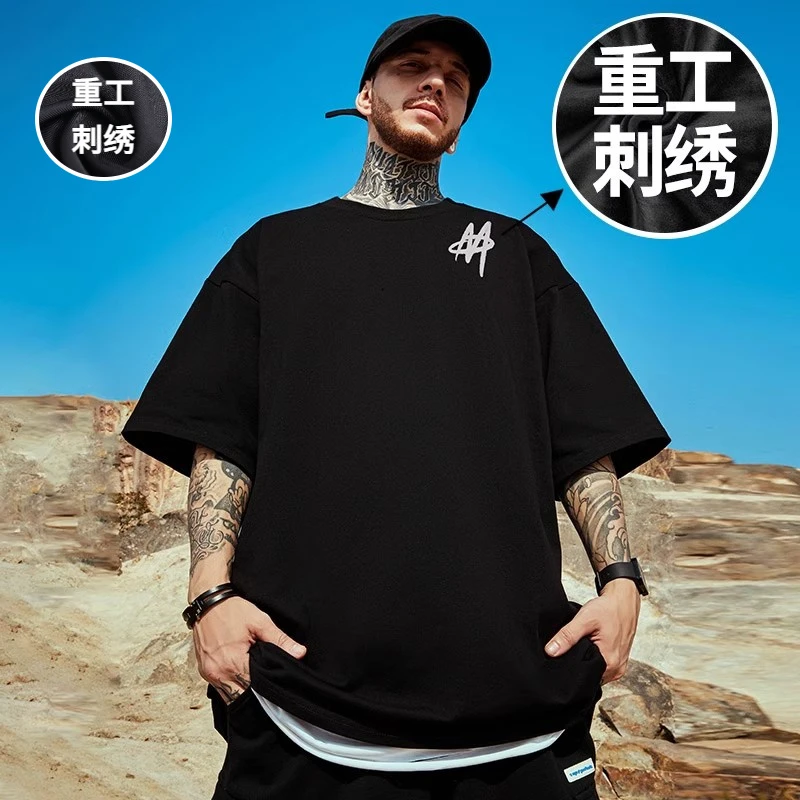 加大码300斤欧美式高街刺绣纯棉短袖t恤男女夏季宽松百搭重磅上衣