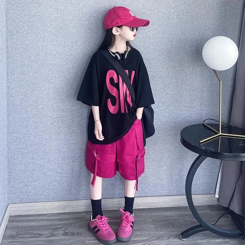 女童夏季套装2025新款儿童洋气时髦短袖T恤阔腿裤工装裤两件套潮