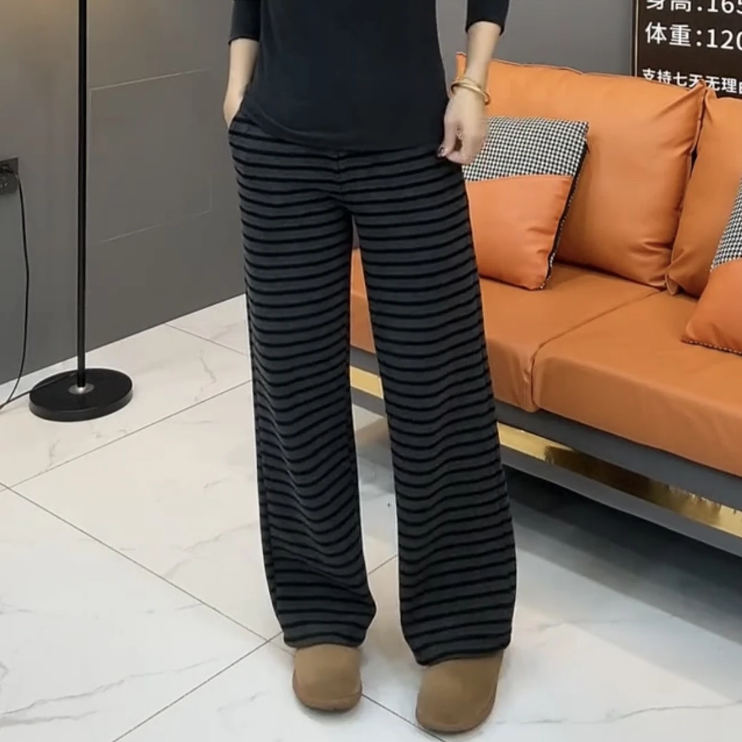 秋冬加绒加厚条纹阔腿裤女高腰显瘦遮肉休闲百搭窄版慵懒直筒长裤