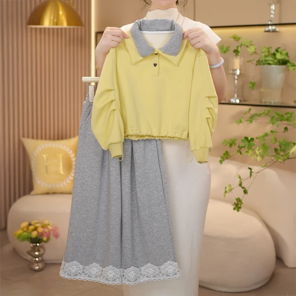 【闺蜜家】女童春季2025新款Polo领假两件打褶上衣+阔腿裤套装-8030