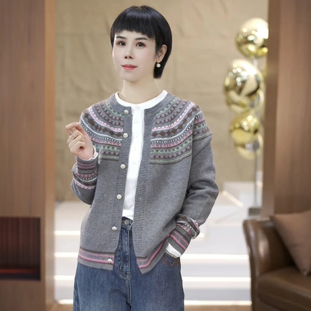 【渲渲推荐】XR-1541秋季宽松轻奢时尚休闲花纹开衫