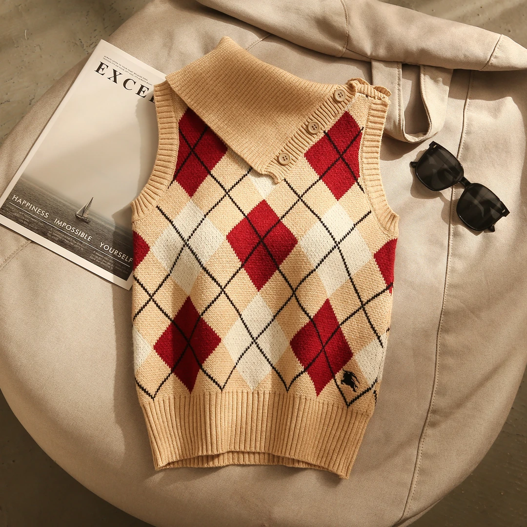 复古格纹针织翻领背心吊带女秋冬季洋气百搭修身打底无袖上衣外穿