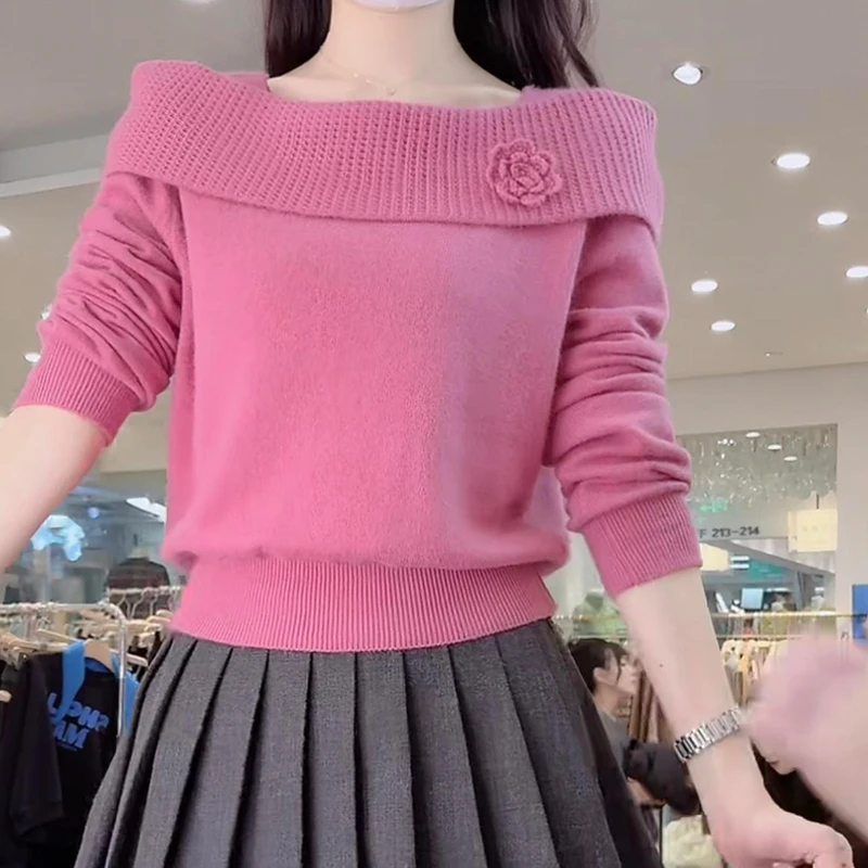 韩系爆款法式温柔气质一字肩显瘦软糯毛衣女百搭时尚显瘦针织打底