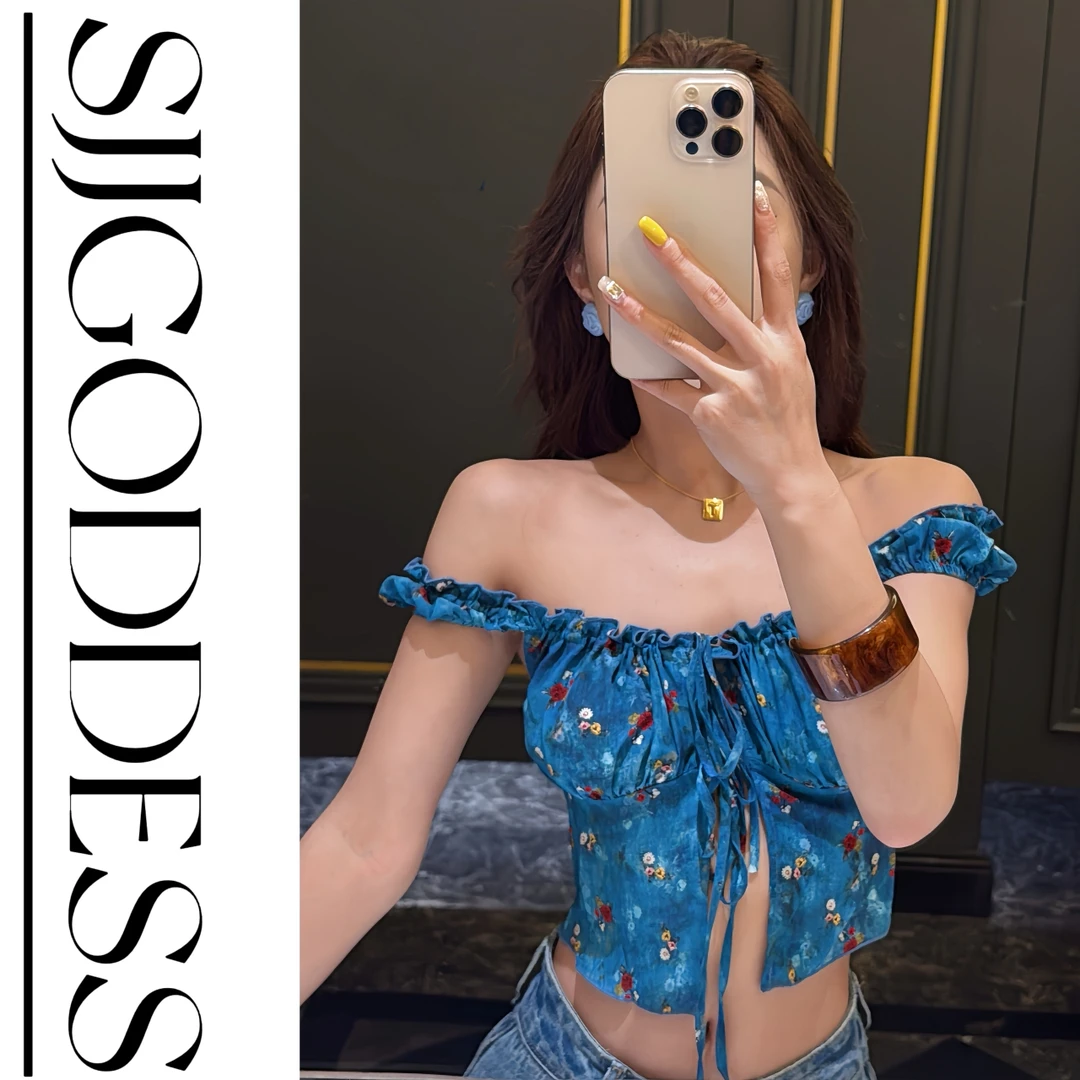 【娇娇私服定制】新款上新设计款辣妹碎花一字肩上衣(衣长30)60905#