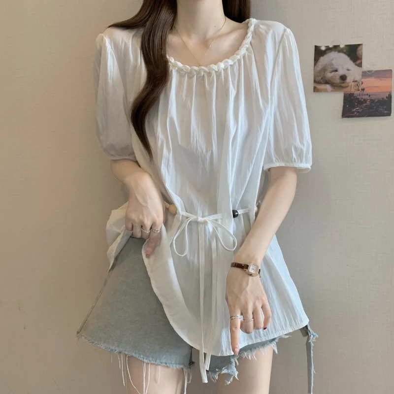 大码女装设计感串珠收腰短袖衬衫夏季新款微胖mm遮肉显瘦百搭上衣