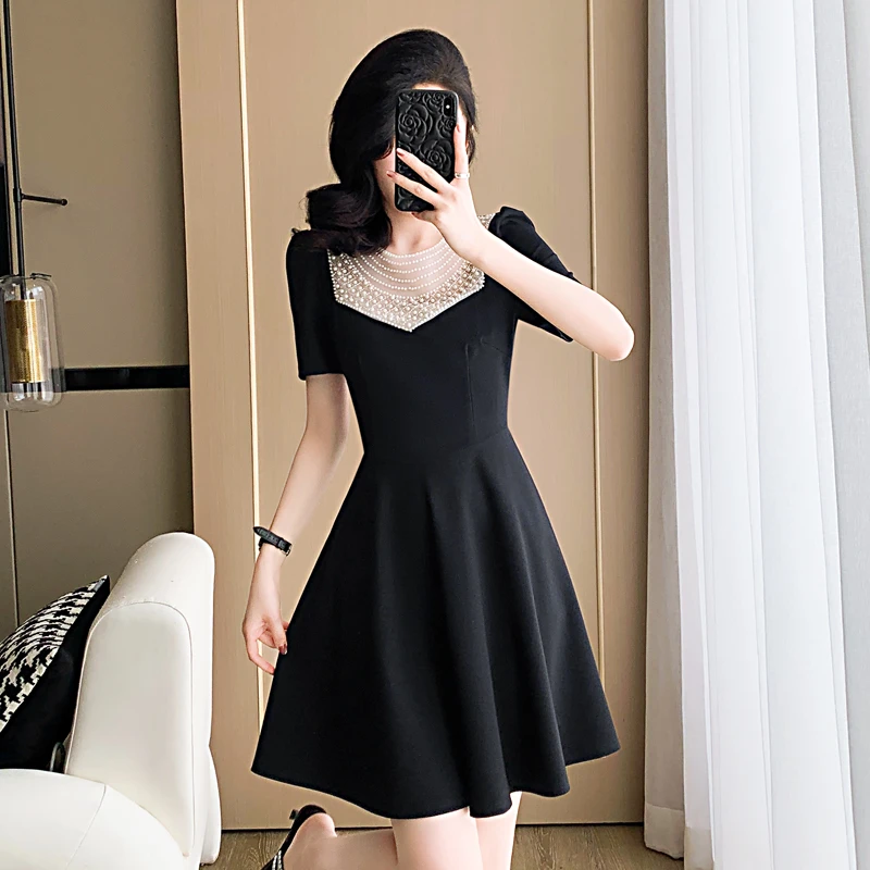 高贵气质法式连衣裙女夏季修身轻奢小众高级感女装礼服黑色A字裙