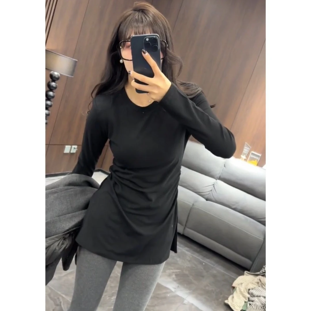 秋冬加绒保暖中长款白色打底长袖新款T恤遮屁股修身收腰百搭上衣