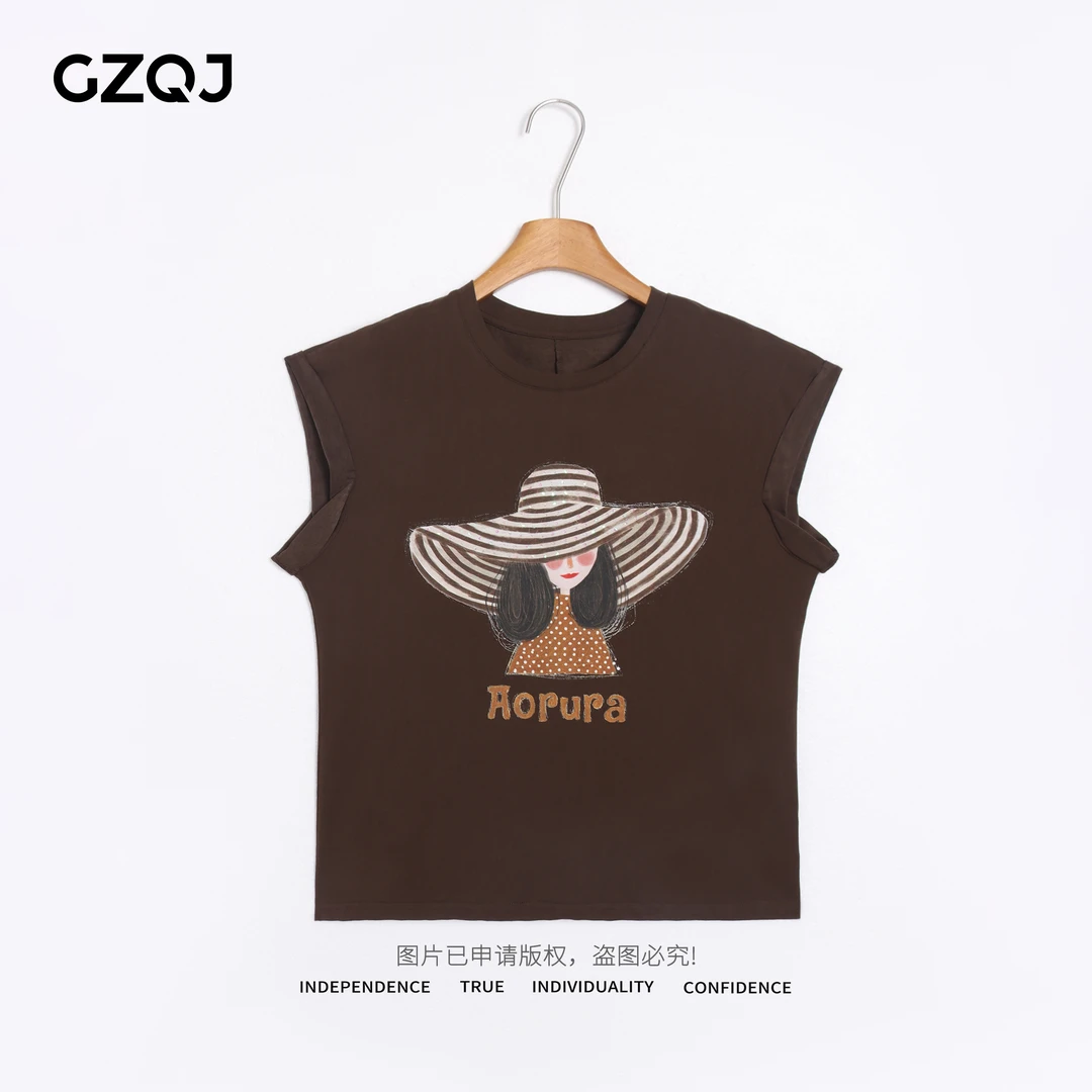 老琴私服【草帽女孩】欧若风时尚设计感卷边袖圆领T恤上衣女夏6100