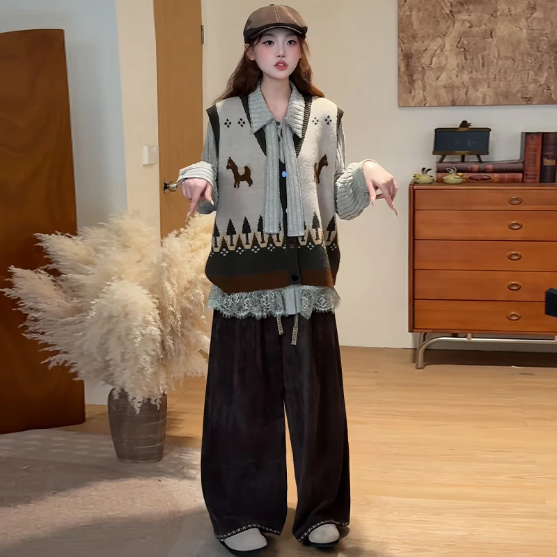 学院风休闲洋气套装女2025秋冬新款气质拼接衬衫马甲阔腿裤三件套