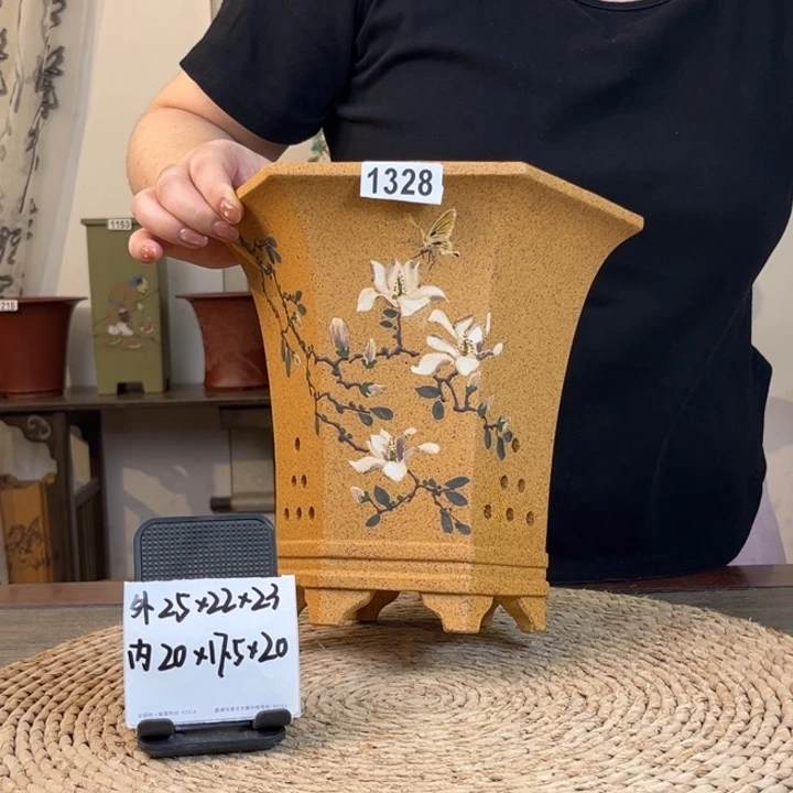 花盆紫砂 柴烧玉兰手绘大六方1328