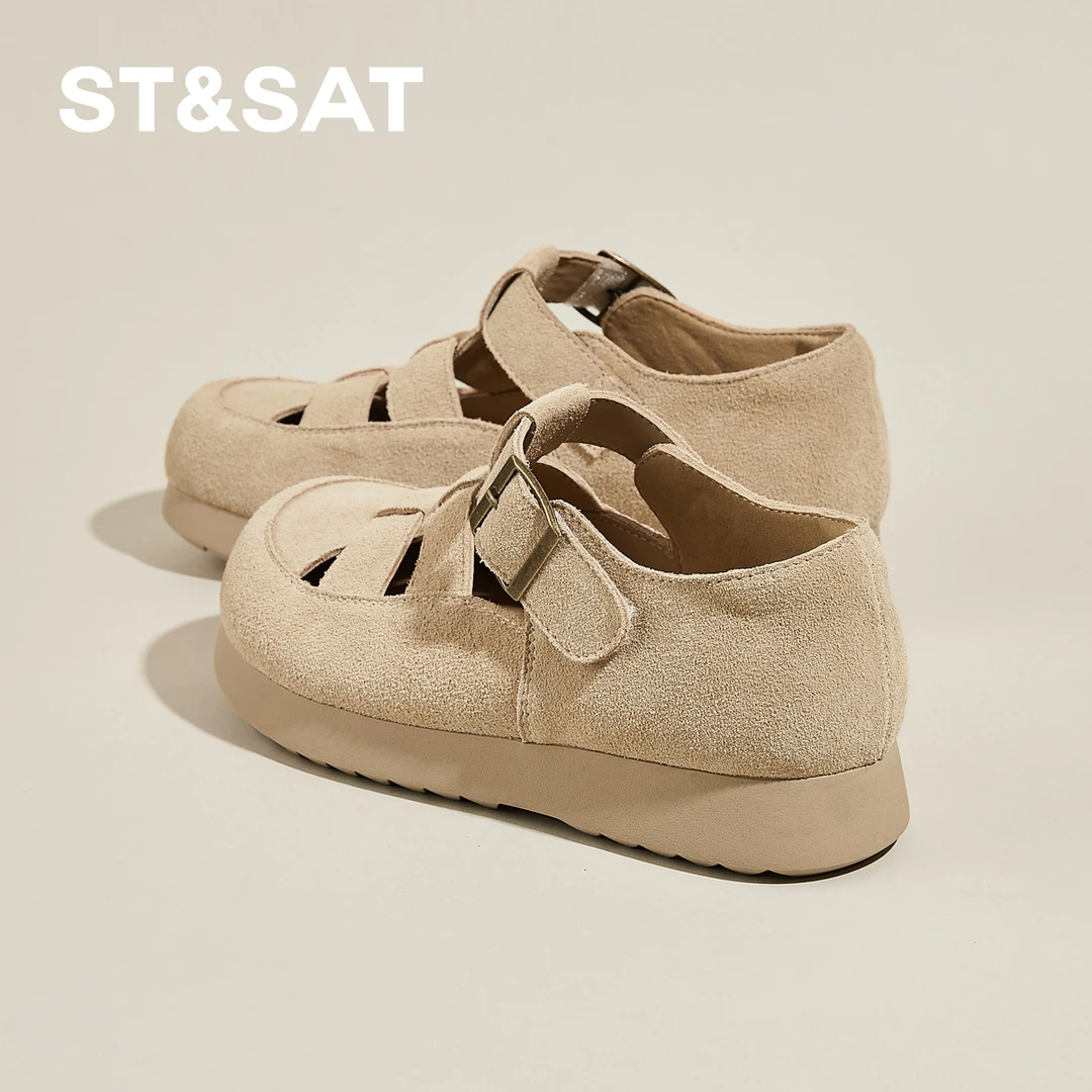 星期六真皮复古经典勃肯鞋女鞋夏季时尚百搭圆头洞洞鞋休闲猪笼鞋