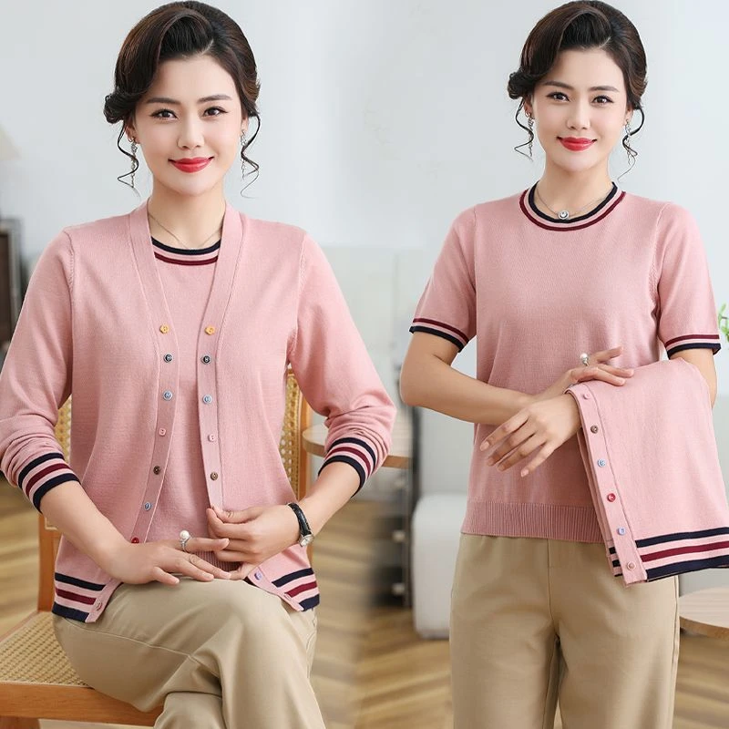 妈妈装2025新款春夏两件套装上衣服中老年女装早秋洋气质针织开衫