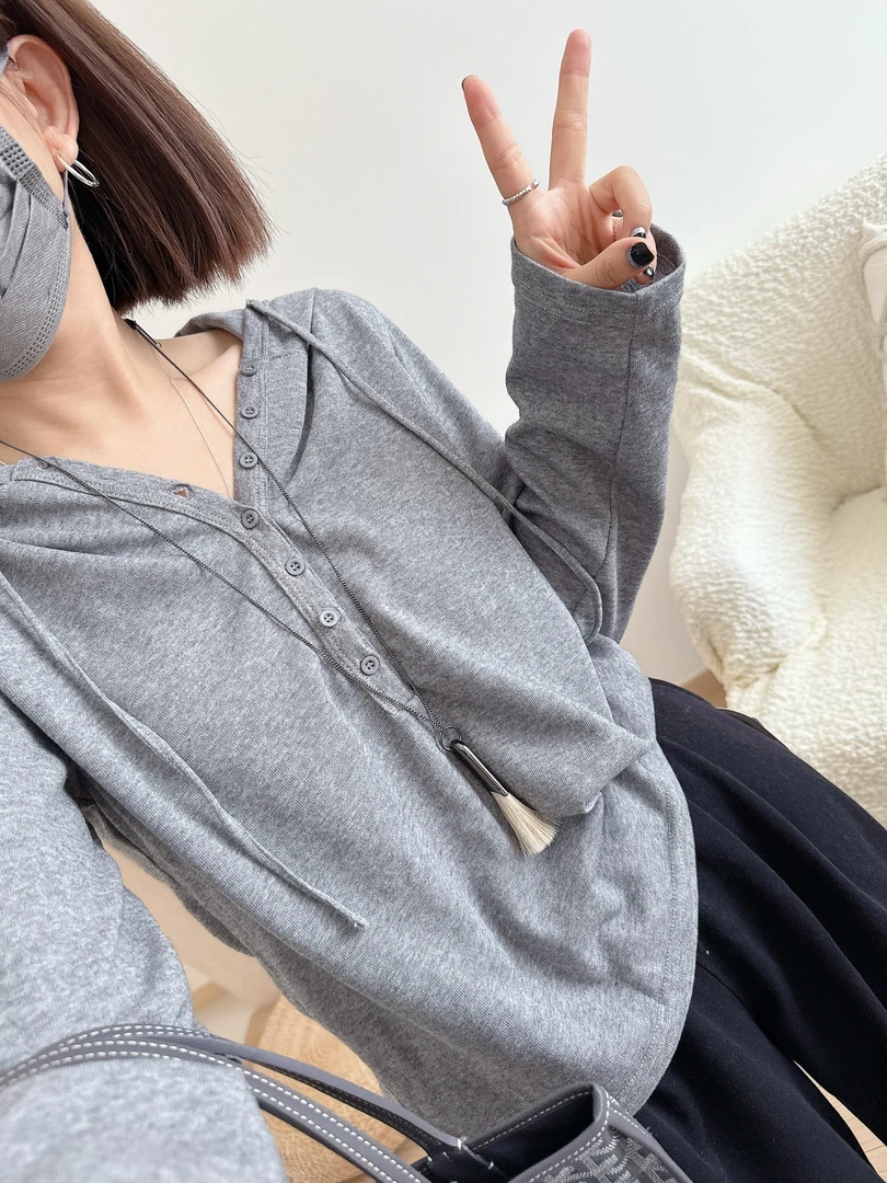 百搭松弛感纯色宽松中长款连帽长袖T恤打底衫帽衫女装秋季上衣ins