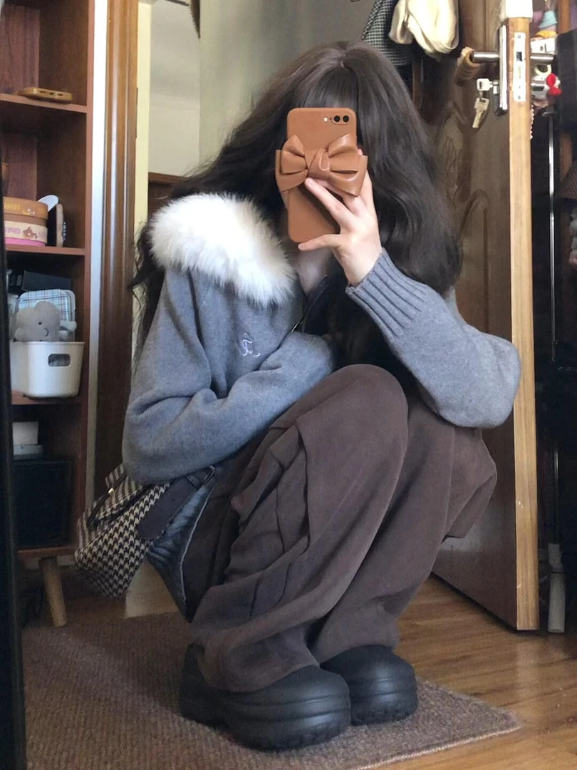 韩系早秋穿搭套装慵懒风毛领连帽拉链针织开衫女高腰阔腿裤两件套