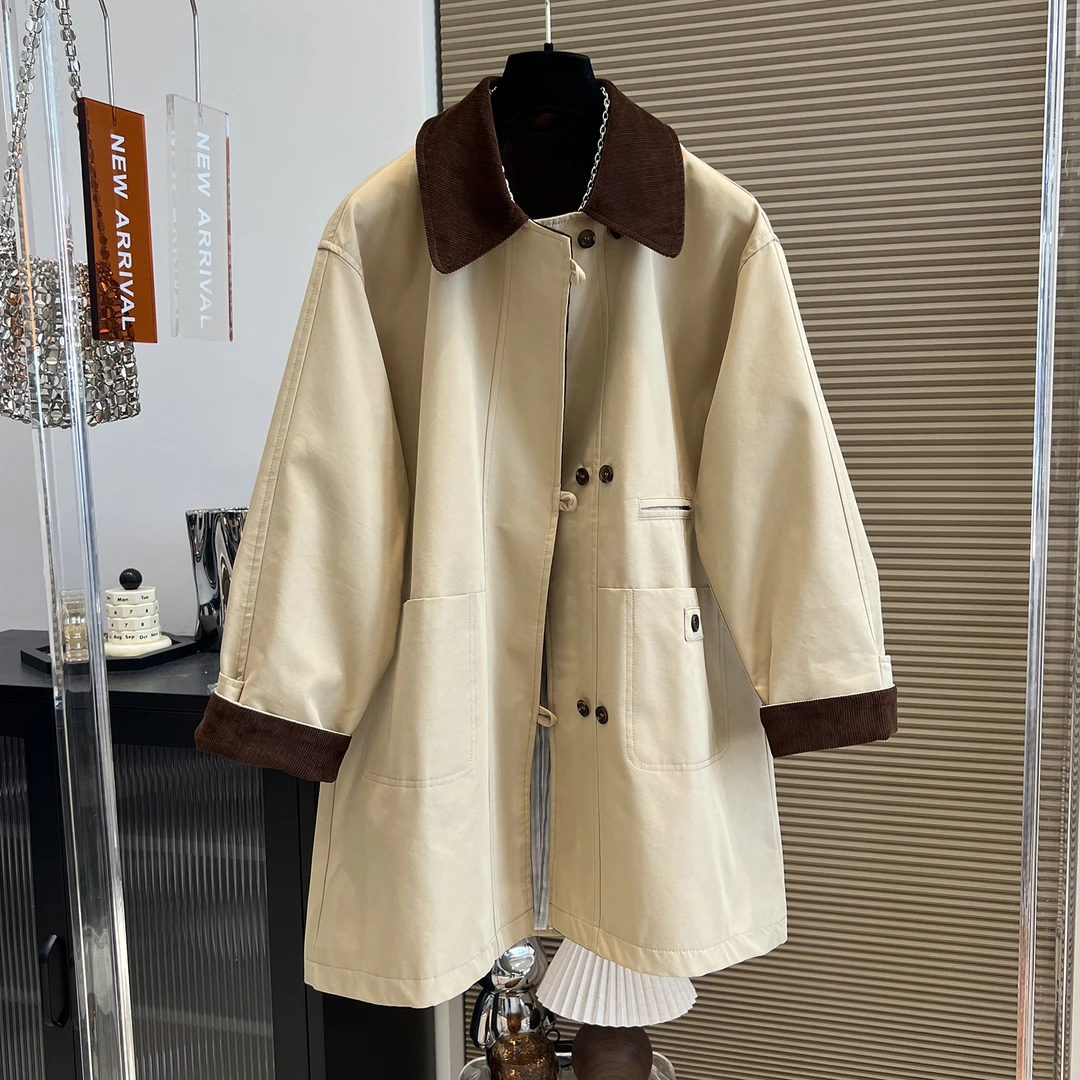 【300胖妹妹】灯芯绒翻领拼接polo领风衣2025早秋新品宽松百搭外套