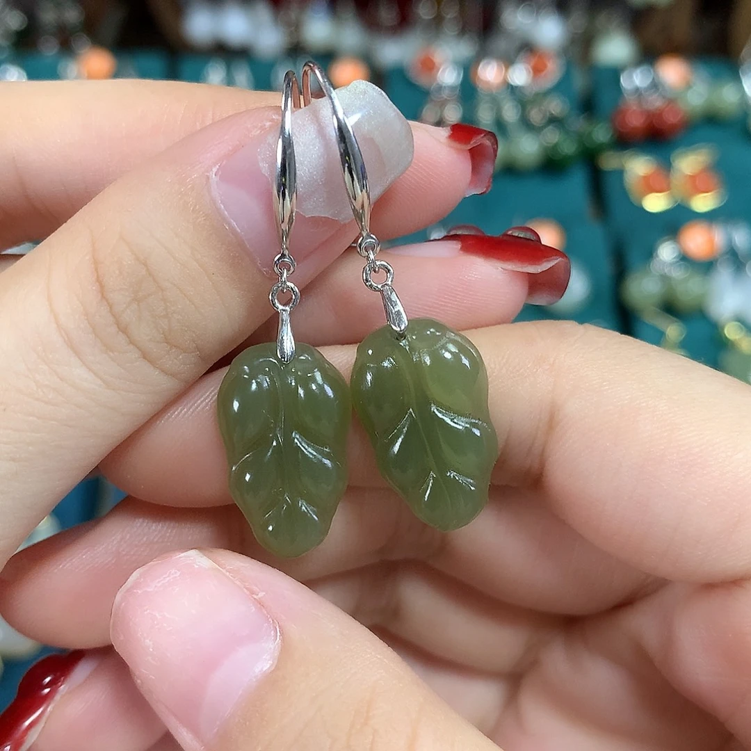 和田玉银S925镶嵌耳饰金枝玉叶卡19.5*12左右