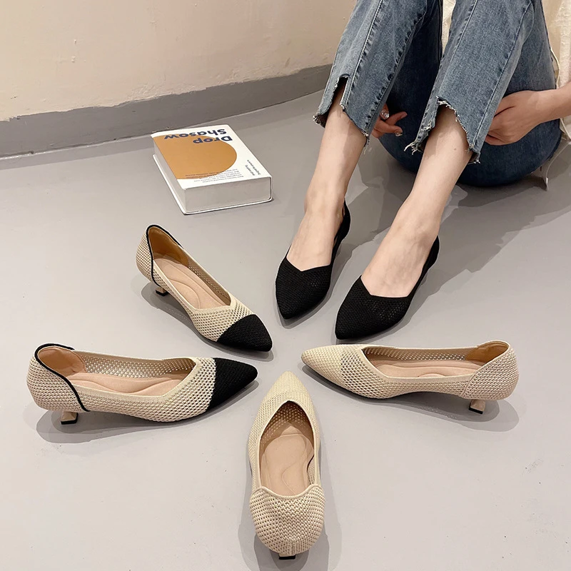 王妃鞋细跟鞋2025新款春季夏季针织细跟尖头浅口飞织女单鞋高跟鞋
