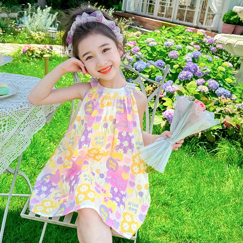 女童夏季挂脖连衣裙2025新款宝宝无袖吊带裙儿童洋气网红薄款夏装